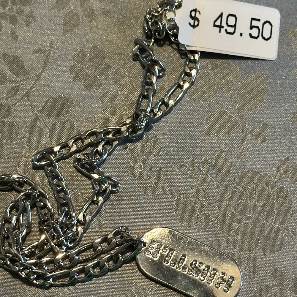 Silver Chain Necklace with Engraved Tag Hustle Rhinestones